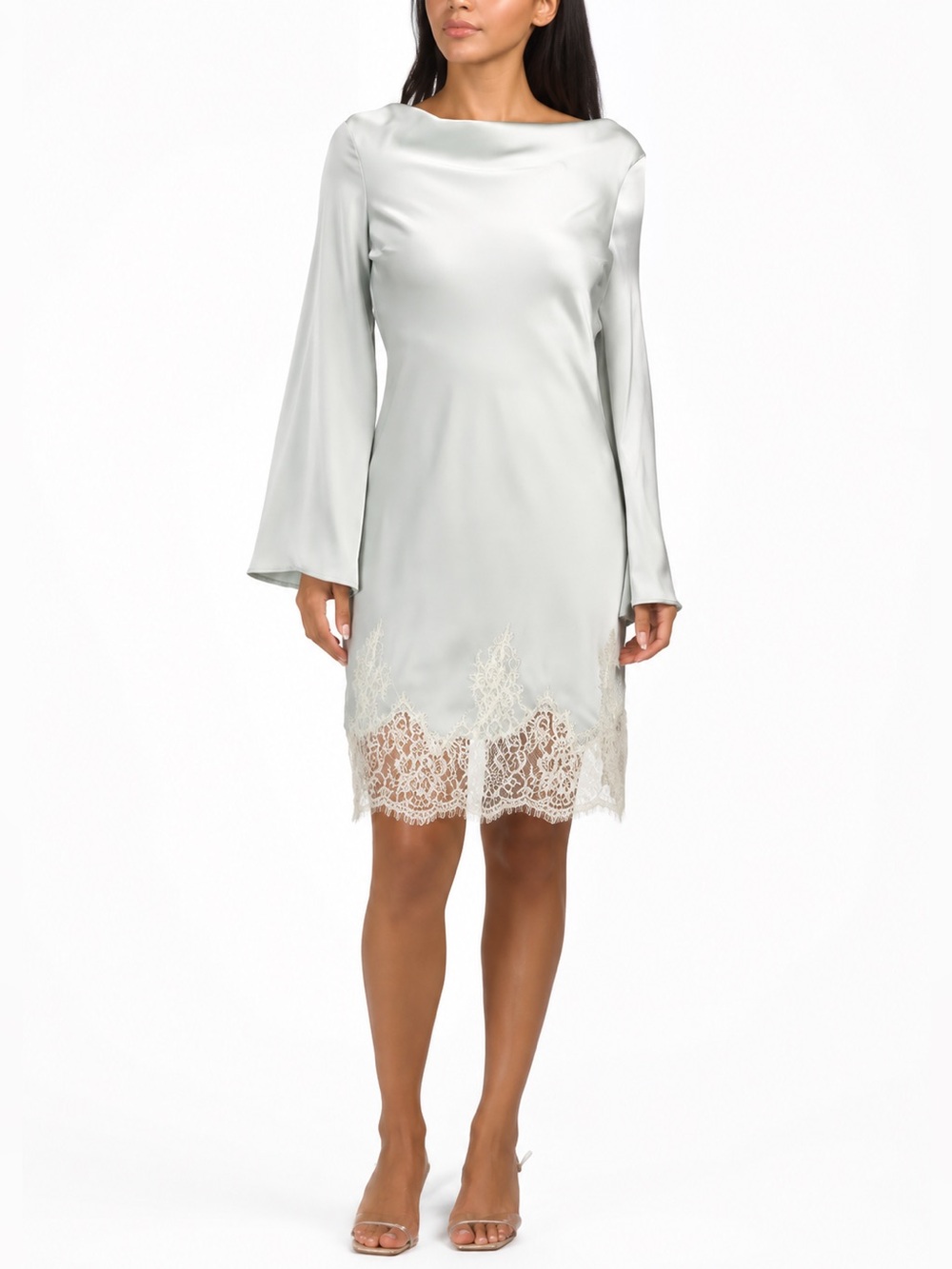 DRIPSEN Satin Lace Cowl Neck Bell Sleeve Dress XS